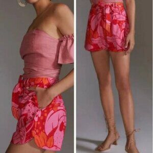 FARM Rio for Anthropologie Tropical Print Linen Blend High Rise Shorts M NWOT